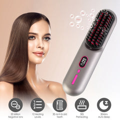 Grey-Black Options -- 1Pc Cordless Negative Ion Hair Straightener Brush Rechargeable Mini Styling Comb With 12 Heating Levels Anti-scald 30S Preheating 30Mins Auto Sleep LCD Display