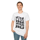 Motivational Quote T-Shirt - 'Wish Less, Work More' Unisex Softstyle Tee