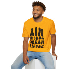 Inspirational Unisex Softstyle T-Shirt - 'Aim Higher, Dream Bigger'