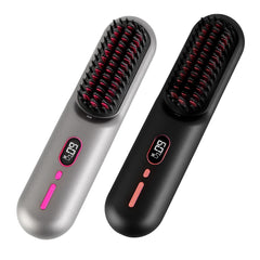 Grey-Black Options -- 1Pc Cordless Negative Ion Hair Straightener Brush Rechargeable Mini Styling Comb With 12 Heating Levels Anti-scald 30S Preheating 30Mins Auto Sleep LCD Display