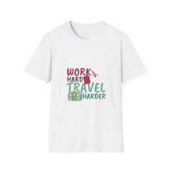 Travel-Inspired Unisex Softstyle Summar T-Shirt - 'Work Hard, Travel Harder'