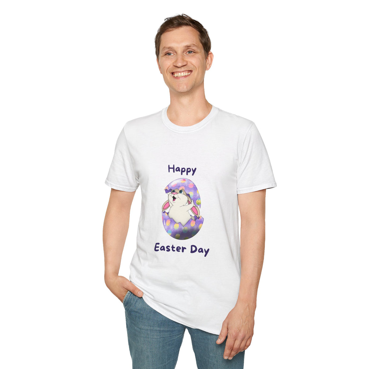 Happy Easter Day Unisex Softstyle Girls T-Shirt - Cute Bunny Design