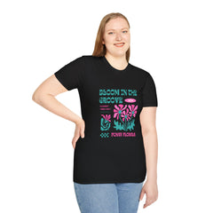 Bloom in the Groove Floral Girls T-Shirt | Unisex Softstyle Tee for Festivals & Casual Wear