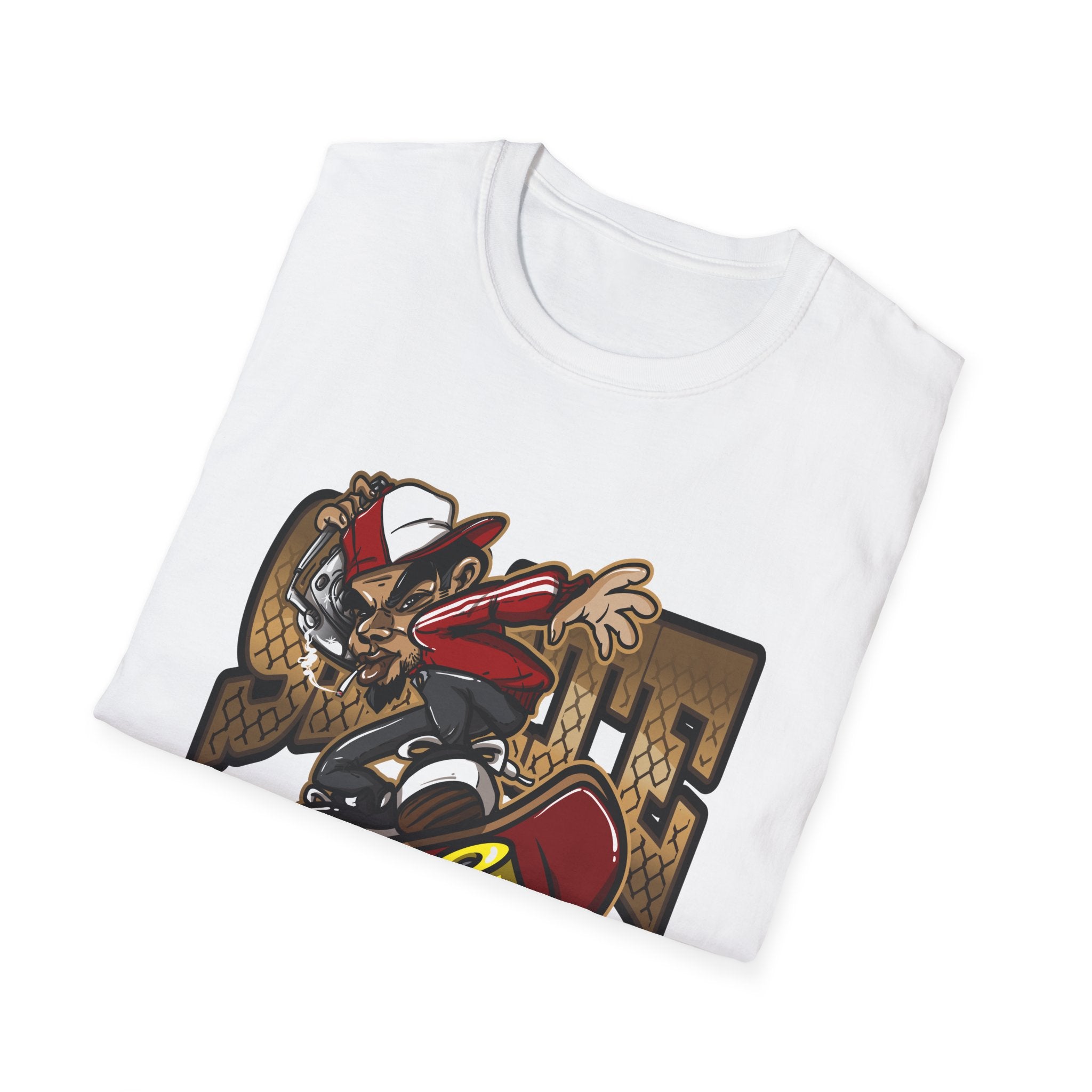Skateboarder Graffiti Graphic T-Shirt - Unisex Softstyle Tee for Streetwear Enthusiasts