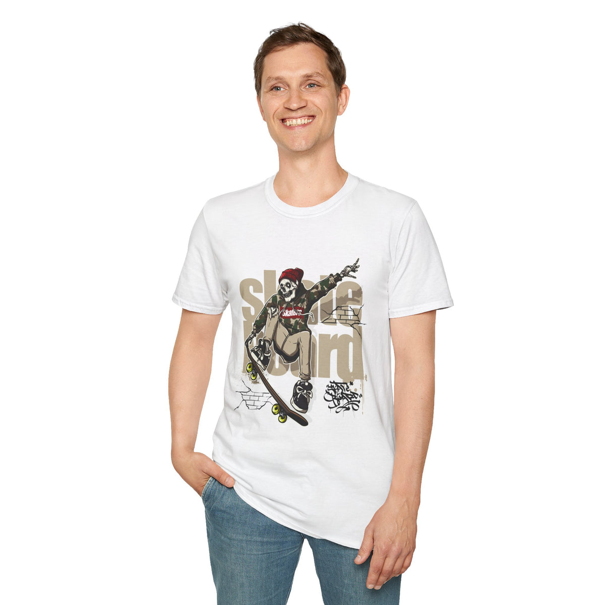 Skateboard Skeleton Graffiti Graphic Tee - Unisex Softstyle T-Shirt for Skate Lovers