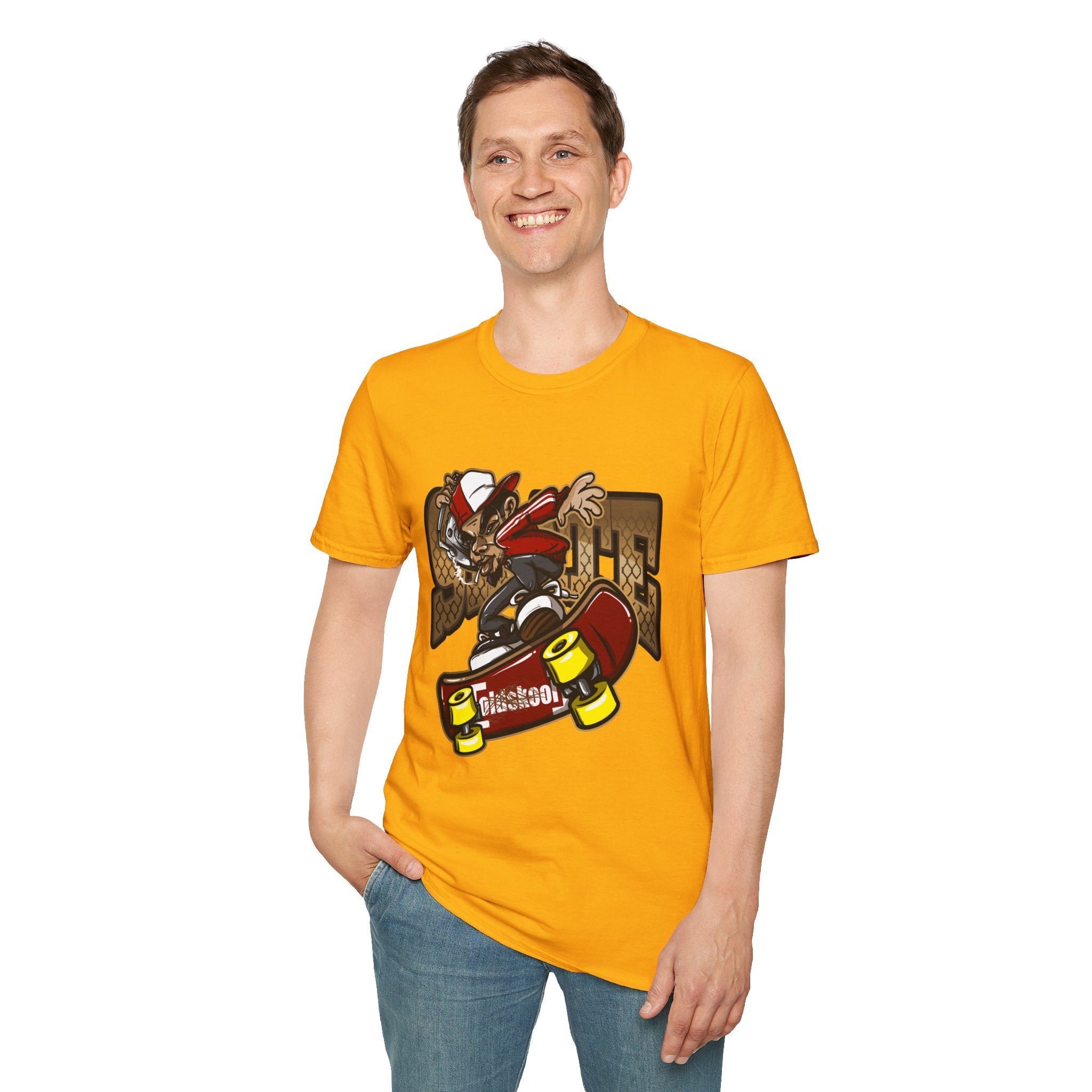 Skateboarder Graffiti Graphic T-Shirt - Unisex Softstyle Tee for Streetwear Enthusiasts