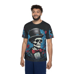 Gothic Gentleman Sports Jersey, Unique Skull Design Premium Tee, AOP Jersey for Halloween, Men's Gothic Apparel, Stylish Casual Wear