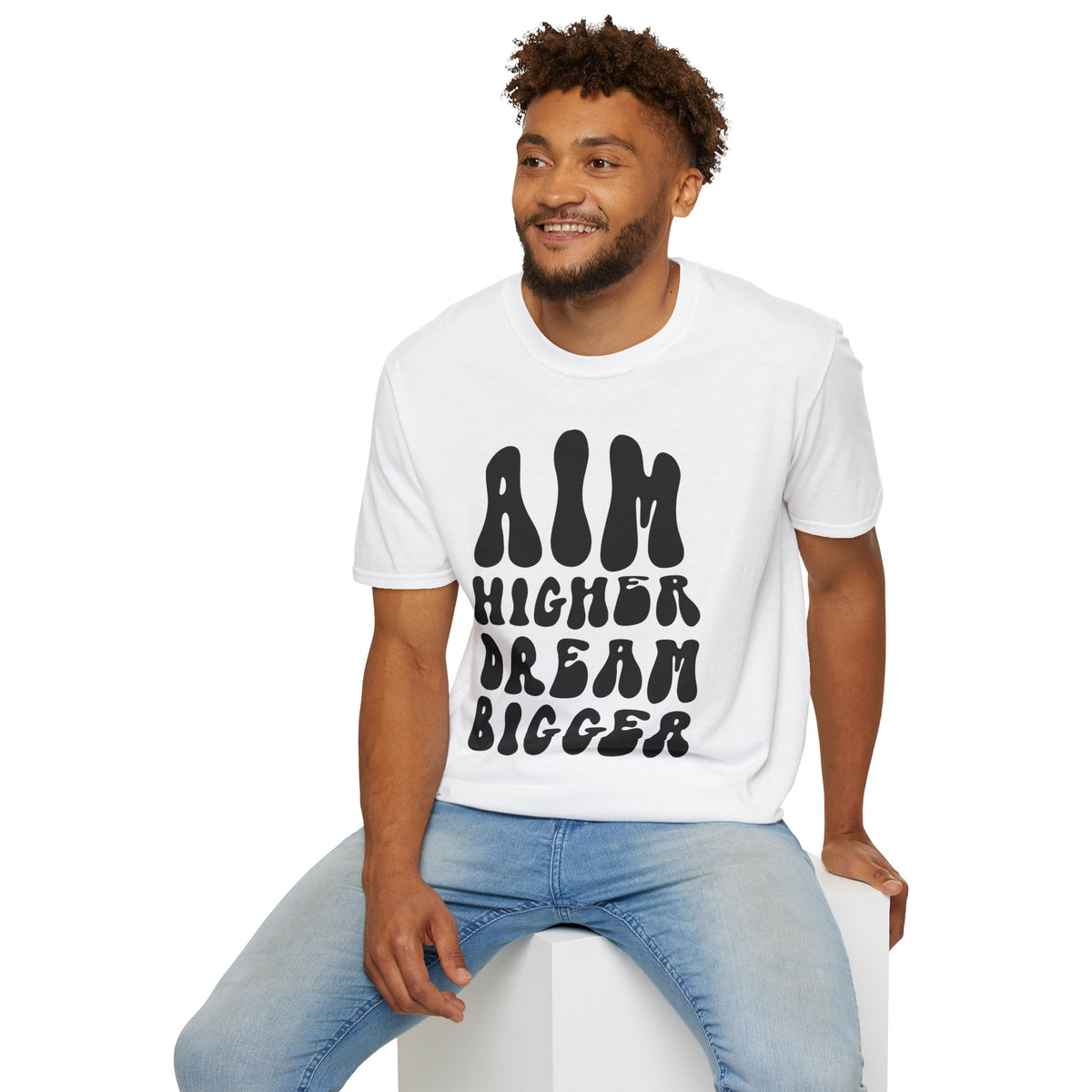Inspirational Unisex Softstyle T-Shirt - 'Aim Higher, Dream Bigger'