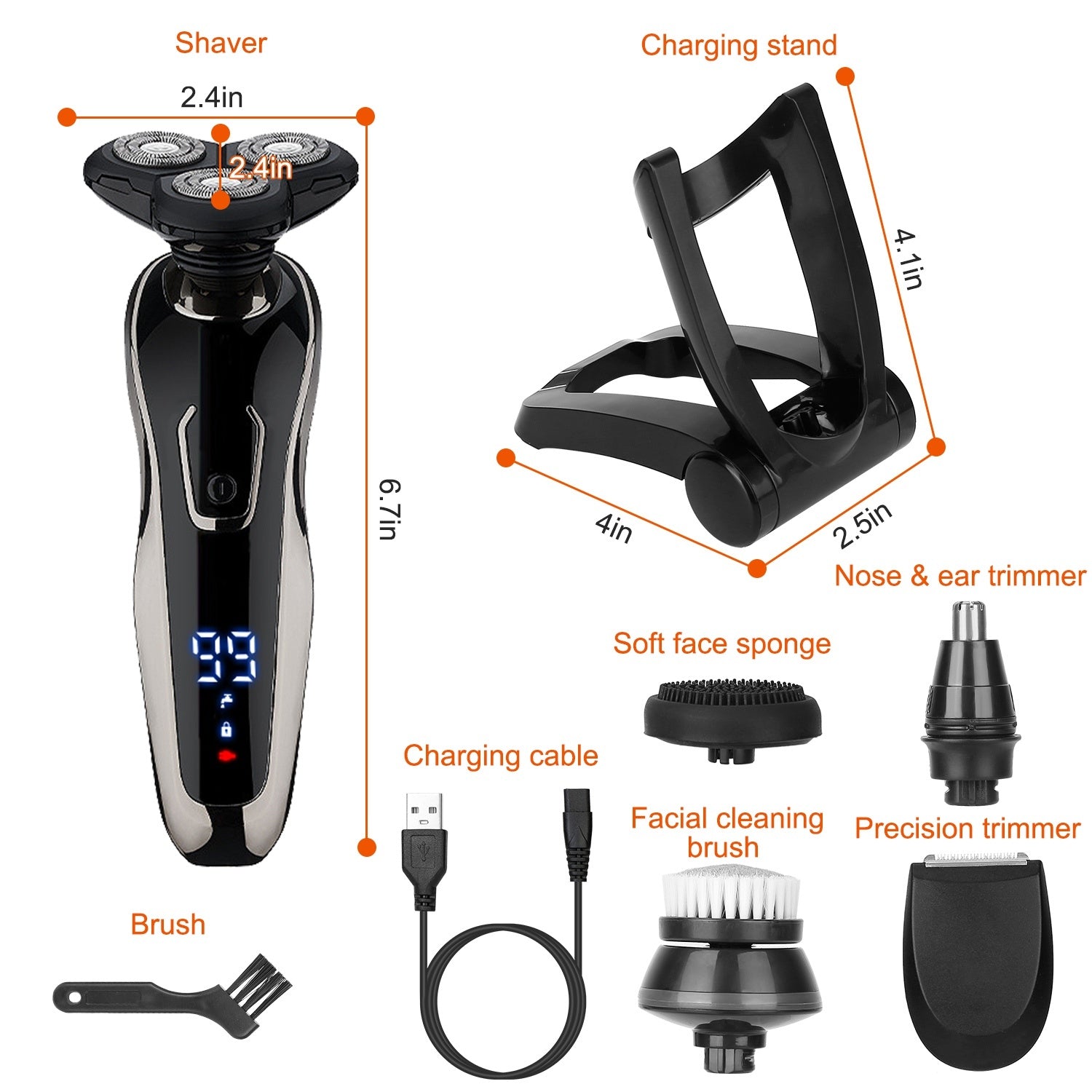 1Pack 5 In 1 Electric Razor Shaver Rechargeable Cordless Head Beard Trimmer Shaver Kit IPX6 Waterproof Dry Wet Grooming Kit